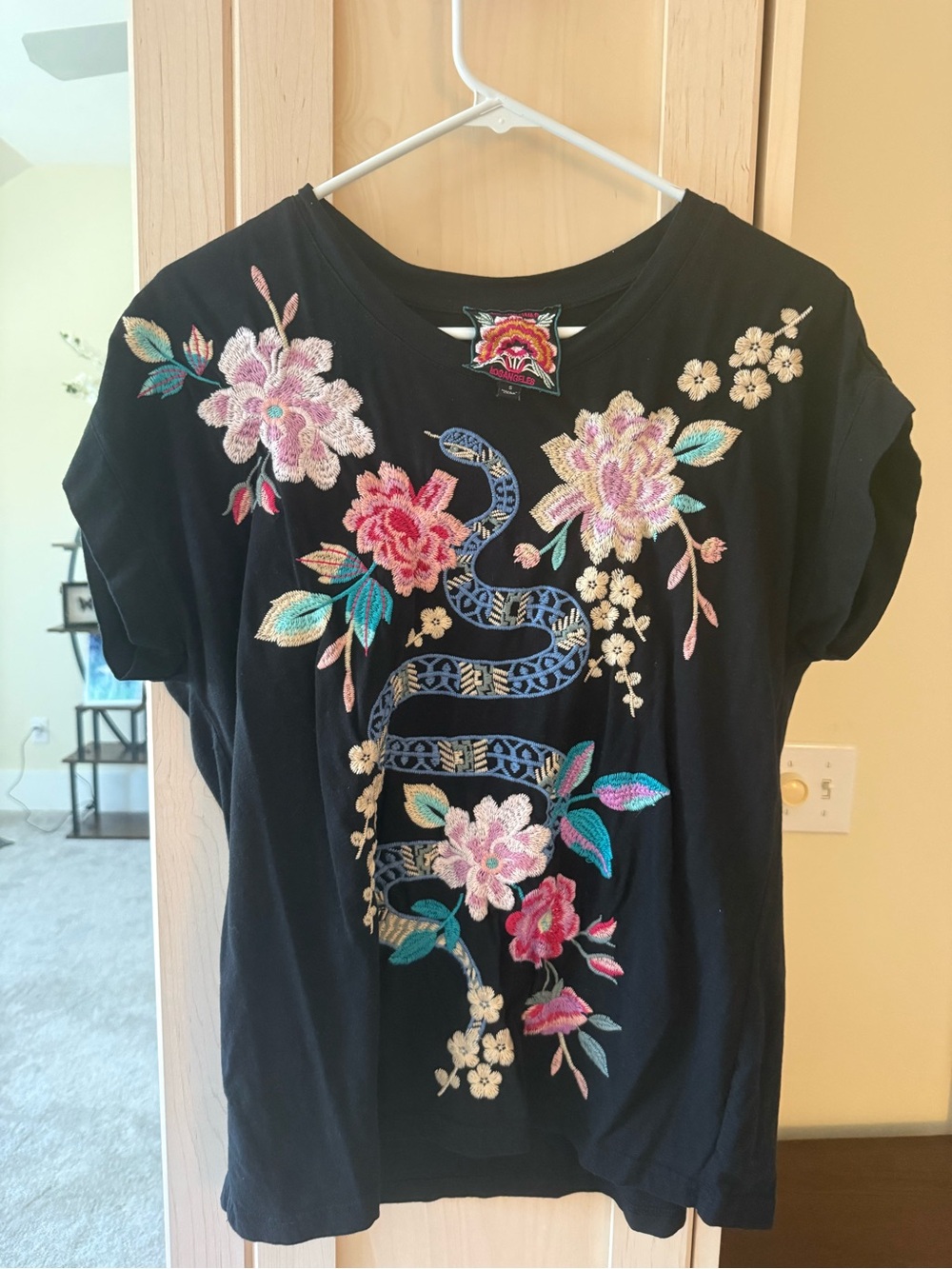 Johnny Was Black Short Sleeve Tee with Embroidered Floral & Snake Motif